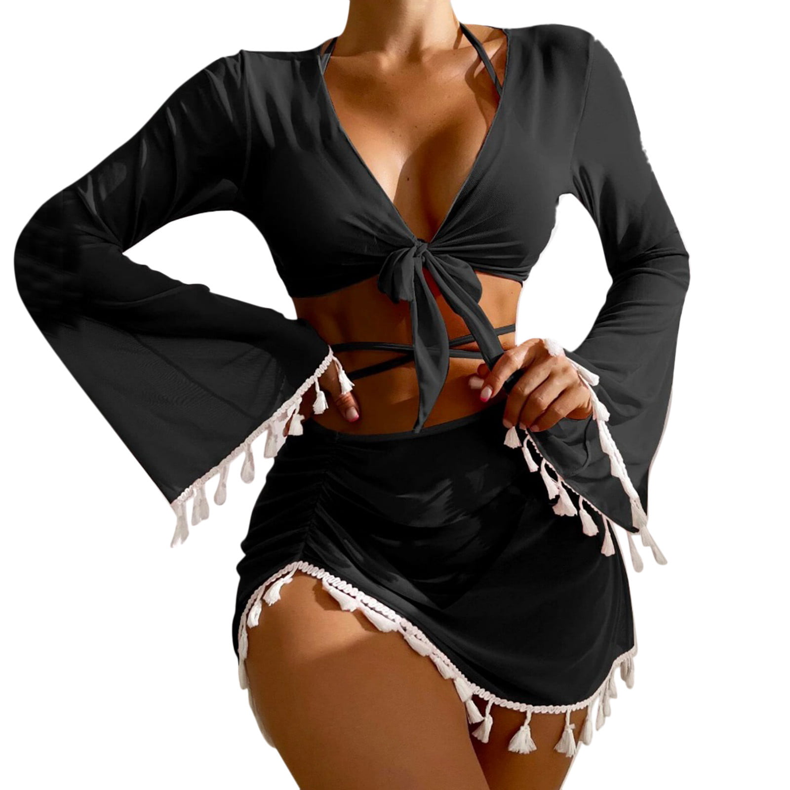 Женские купальники Fringe Top с длинным рукавом Coverup Сексуальная мини-юбка Купальный костюм